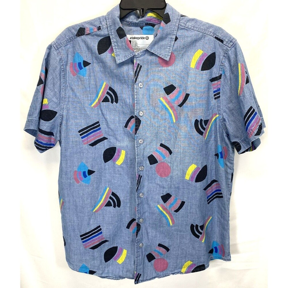 🌈 Take Pride Glitter Button Up Shirt Large Blue Short Sleeve Rainbow RN17730